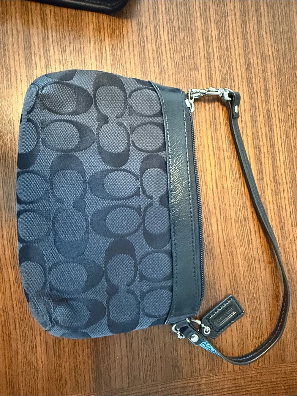 COACH Black Signature Canvas Wristlet with Leather Trim